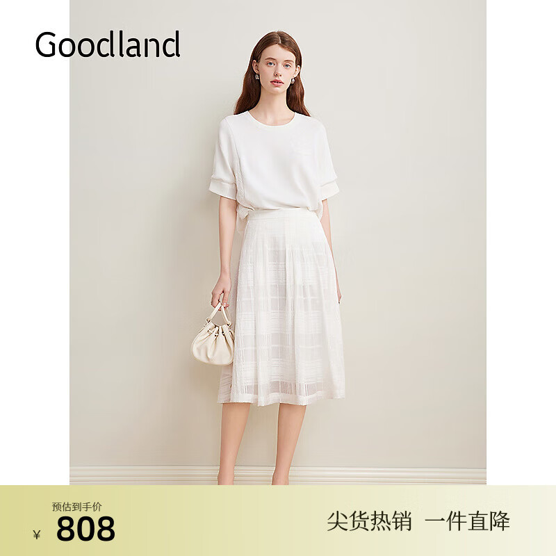 音儿（YINER）Goodland美地女装2025夏季新款气质法式蕾丝圆领短袖上衣宽松 本白 S