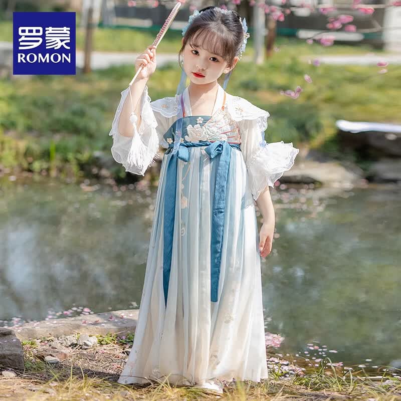 罗蒙儿童中国风原创齐胸襦裙2026款唐装女童汉服夏季毕业演出服 1188雾霾蓝襦裙 100