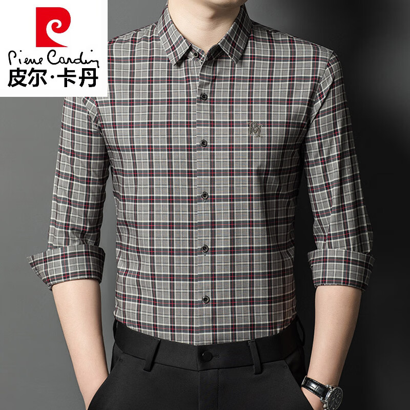 皮尔卡丹（pierre cardin）高档款新款时尚正品格子桑蚕丝长袖衬衫男士春秋休闲免烫真丝衬衣 Z2719款兰色--长袖 XL 175