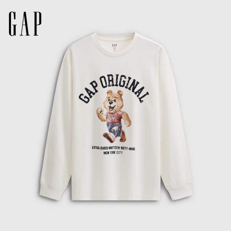 GAP男女装2025秋季新款纯棉logo小熊图案印花宽松长袖T恤788406 白色 M (170/92A)亚洲尺码