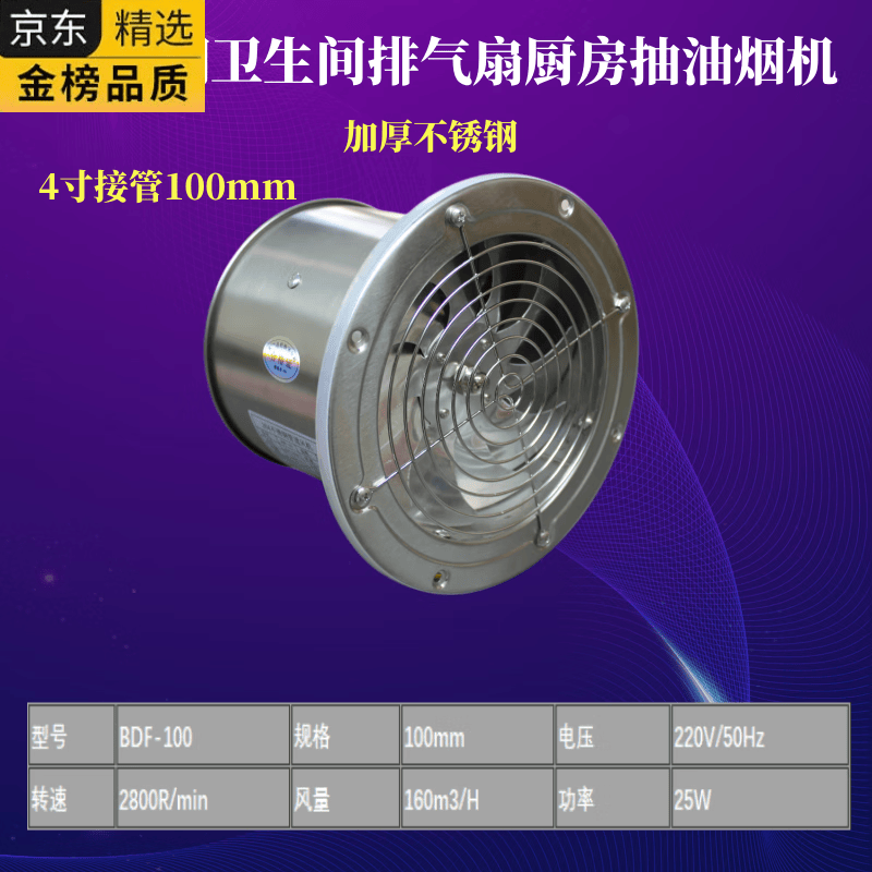 HGEG德国进口304不锈钢排气扇抽油烟机换气扇排烟机工业抽风扇排风扇 4寸100mm不锈钢带0.3米线