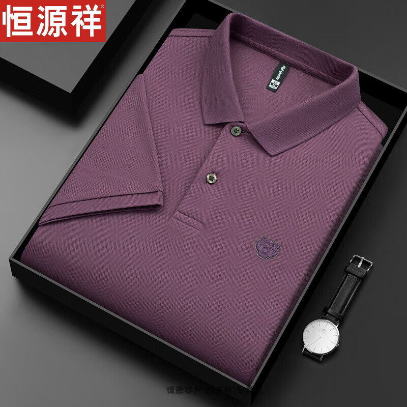 恒源祥高端纯棉短袖T恤男士夏季POLO体恤衫丝光棉翻领老虎头半袖男上衣 玫瑰紫 XL 180【建议140-160斤】