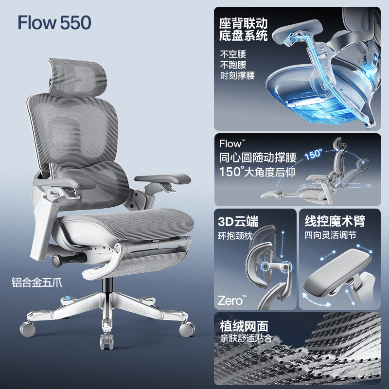永藝Flow550人體工學(xué)椅子電競椅座椅久坐舒適撐腰椅辦公椅電腦椅送男 Flow550植絨網(wǎng)面-線控魔術(shù)臂霧a 鋁合金腳_旋轉(zhuǎn) 升降扶手