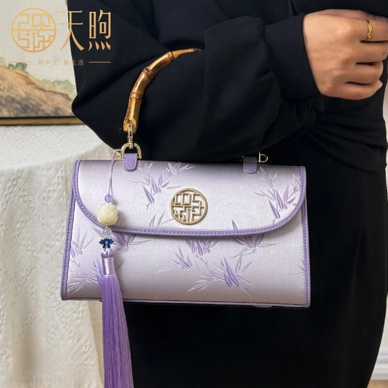 PmSix印花女包送生日礼物妈妈包中国风旗袍包复古竹节包布包大气手提包 浅紫色-桑蚕丝印花-送礼盒