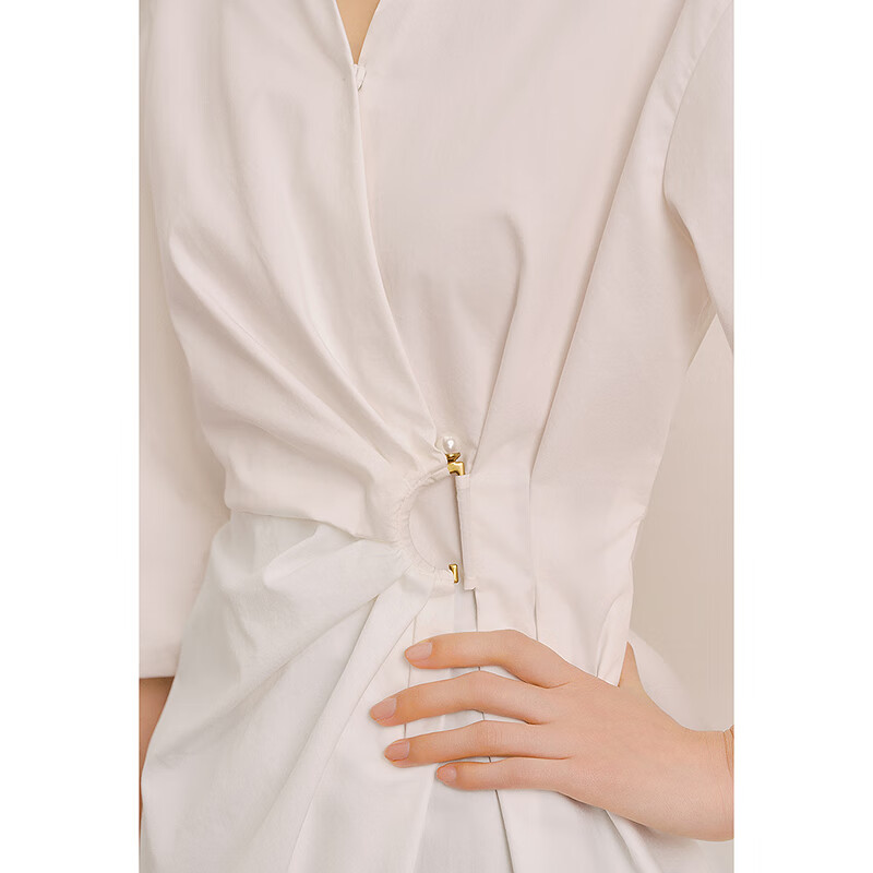 OBBLIGATO奥丽嘉朵2025夏季新款灯笼袖D字扣不对称打褶收腰衬衫 本白 S
