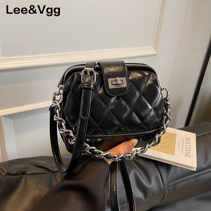 Lee&Vgg小&CK-MK風(fēng)感小眾菱格繡線貝殼包女時尚百搭通勤單肩斜挎包 黑色