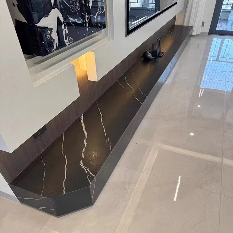 尤亚轻奢极简岩板黑白根电视柜斜角异形长条石材地柜储物岩板定制地台