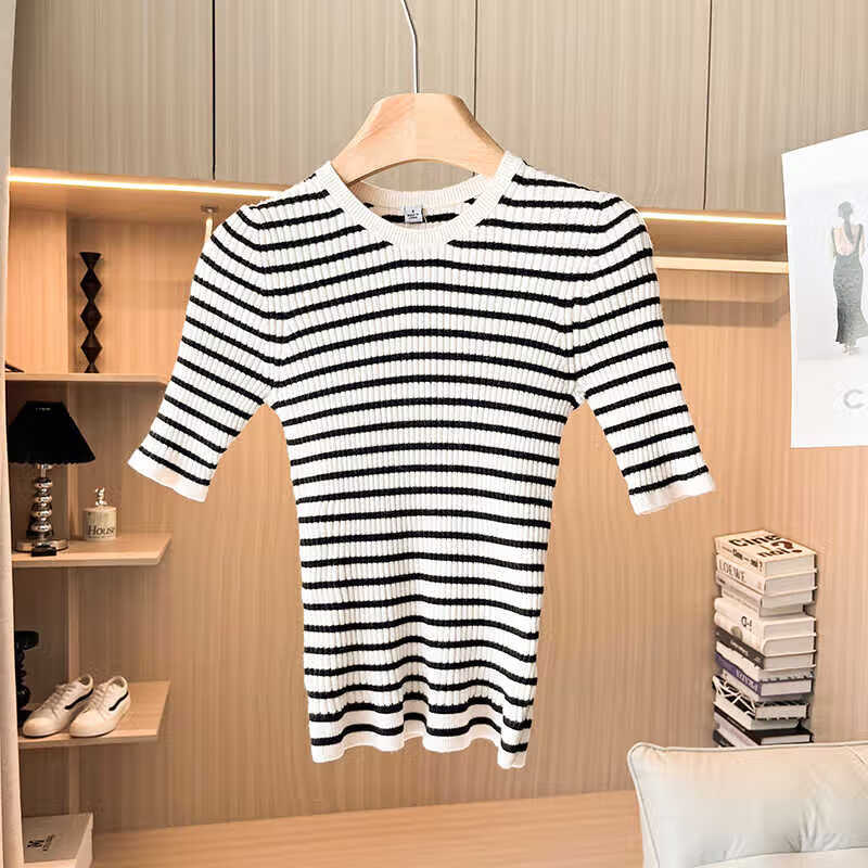 啄木鸟日单女装精纺美利奴套头罗纹修身圆领条纹针织衫5分袖毛衣L472272 白色条纹 S