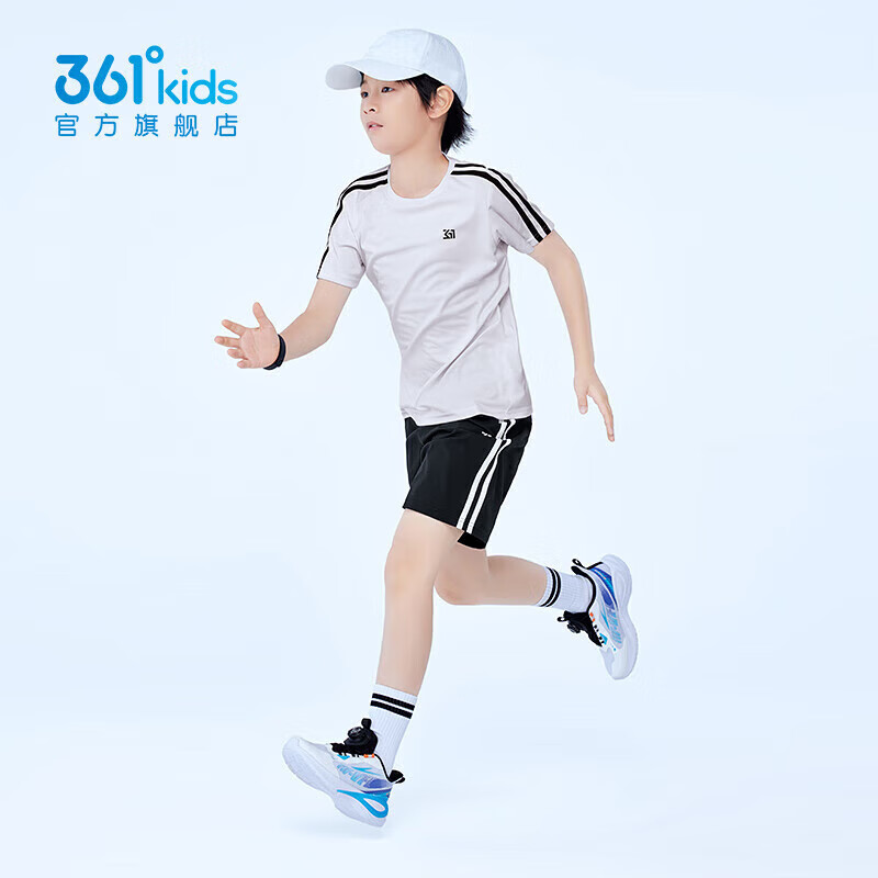 361°儿童套装夏季短袖短裤套装新款休闲时尚小中大童运动套冰凉短T 本白/经典黑-1406 170 cm
