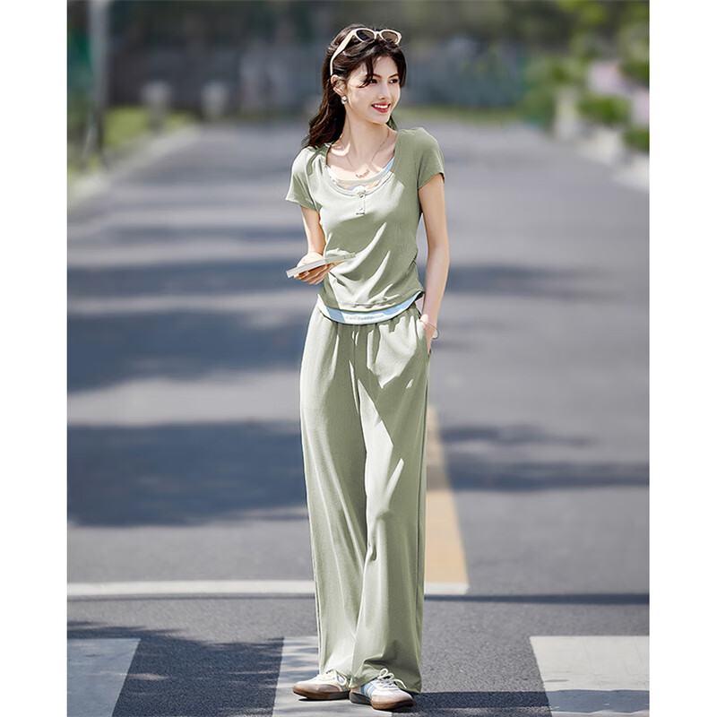 尚静休闲套装女夏季新款女装拼接撞色短袖T恤上衣宽松直筒裤两件套女 绿色+白色 M