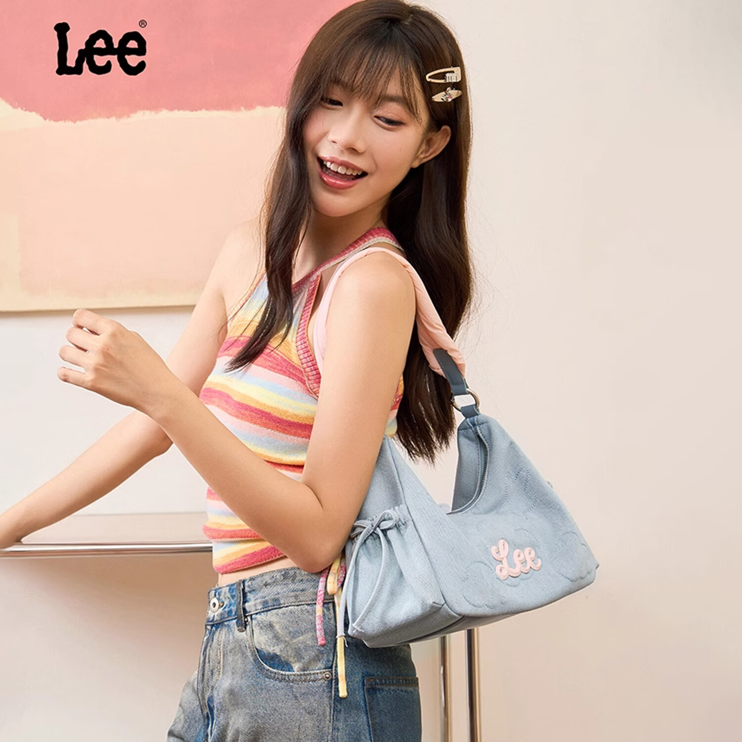 LEE2025新款云吞包手提单肩托特腋下饺子月牙女包上课通勤大学生书包 浅蓝配粉色 京东折扣/优惠券