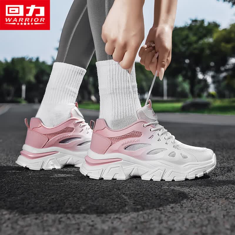 回力女鞋老爹鞋女夏季薄款网面镂空运动鞋女2026新款情侣百搭休闲鞋女 白粉红 37 (235mm)