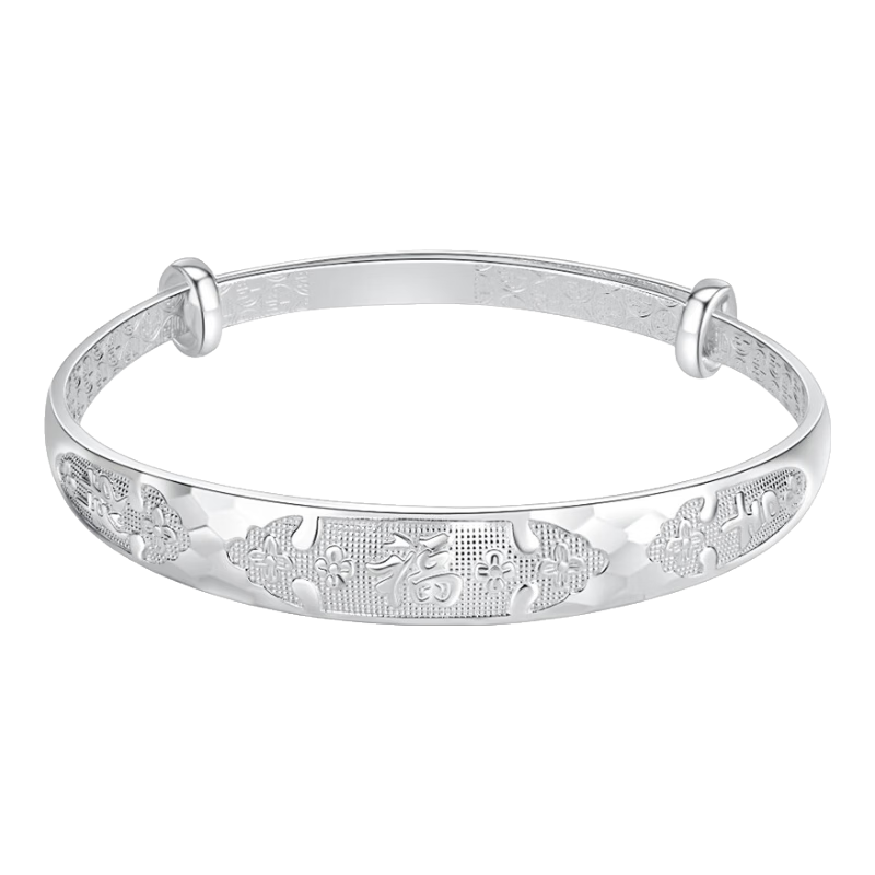 老廟足銀福字推拉手鐲女款寬面吉祥富貴銀鐲子送媽媽長輩生日禮物 吉祥富貴銀手鐲約22g±1g