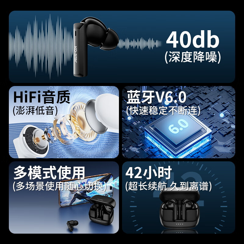 KO-STAR贯尔无线蓝牙耳机ANC主动降噪V6.0音乐游戏运动耳机入耳式HiFi音质通话长续航适用于苹果华为小米 幻夜黑【主动降噪+全景音效+升级APP】