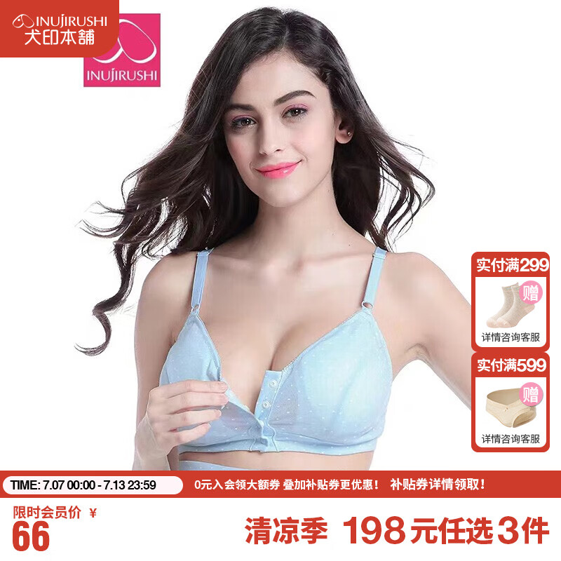 犬印本铺（INUjIRUSHI）孕妇开扣哺乳文胸睡眠可爱印花四排扣喂奶无钢圈内衣 蓝色 M