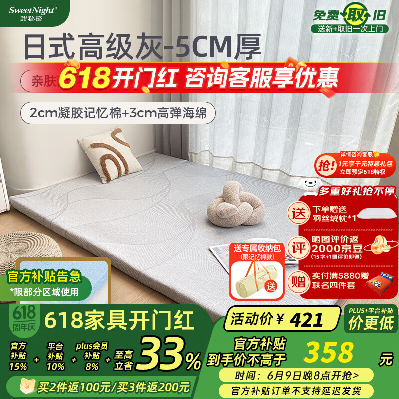 Sweetnight榻榻米床垫凝胶记忆棉日式家用学生宿舍海绵垫甜秘密可定制可拆洗 灰色plus厚5cm：2cm记忆棉+3cm高回弹绵 1.35米*2米