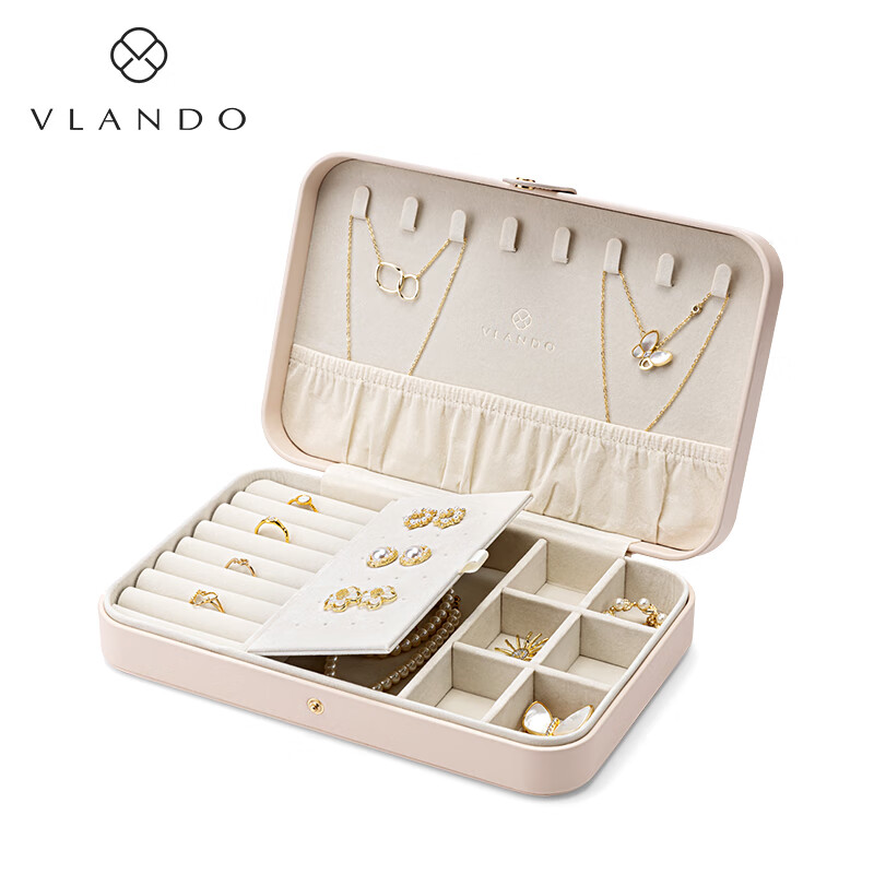 唯蘭朵（vlando）唯蘭朵2025新款首飾盒大容量項鏈耳環(huán)飾品收納盒禮物精致 杏粉色【單層】