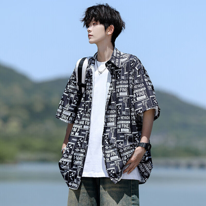 港风夏威夷短袖花衬衫男夏季冰丝垂感透气衬衣休闲