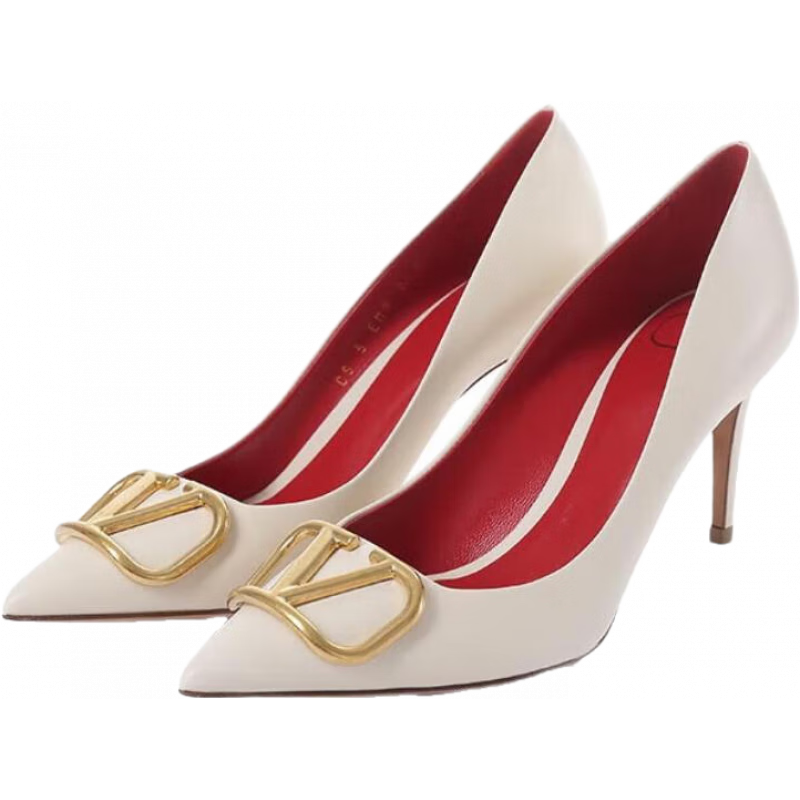 華倫天奴(Valentino)新品 女士牛皮尖頭細(xì)跟高跟鞋皮鞋單鞋跟高8cm女鞋 5W2S0EM9 DSH I16 淺象牙白色 37