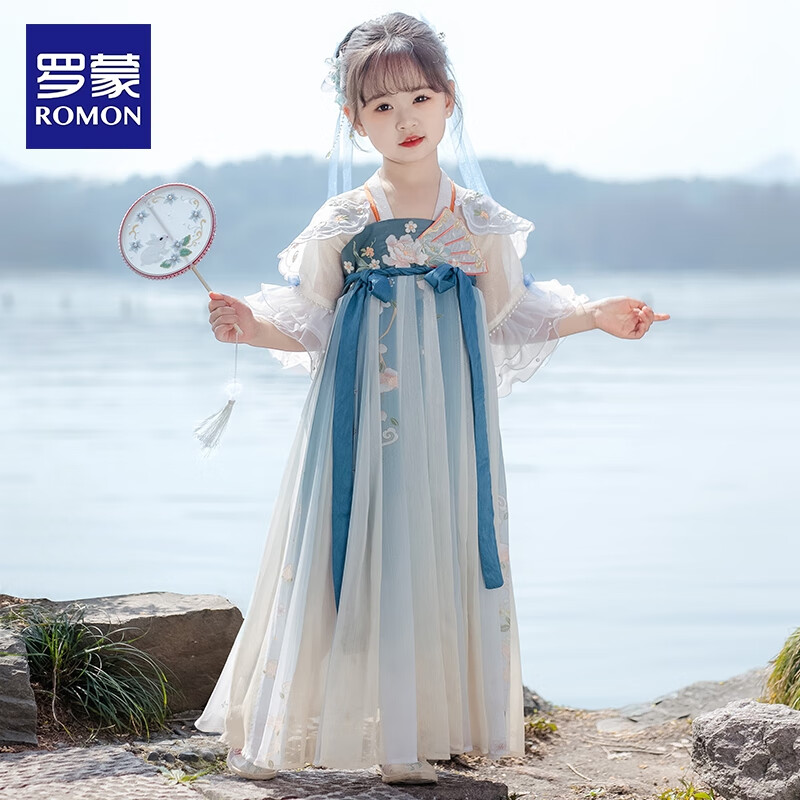 罗蒙儿童中国风原创齐胸襦裙2026款唐装女童汉服夏季毕业演出服 1188雾霾蓝襦裙 100