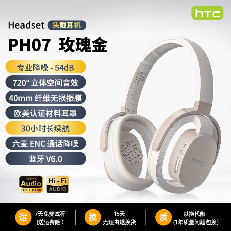 威岸【HTC头戴蓝牙耳机丨蓝牙6.0】开放式头戴蓝牙耳机头戴式蓝牙耳机主动降噪无线游戏运动舒适佩戴 玫瑰金【720度开放式全景音效】