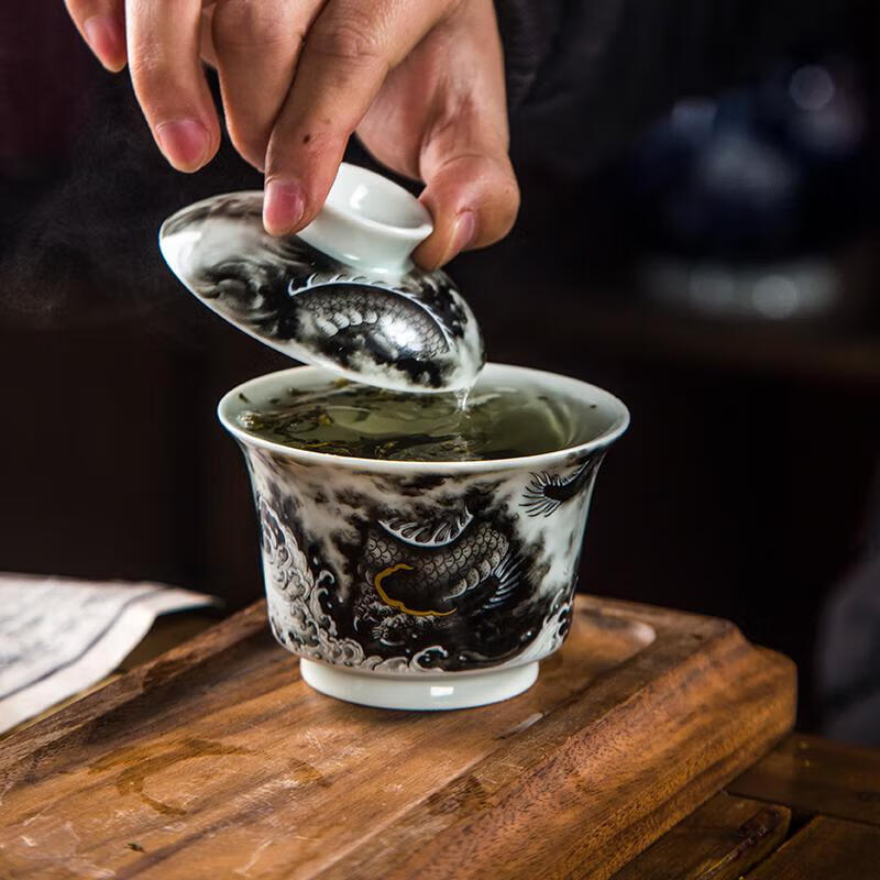 景德鎮(zhèn)（jdz）墨龍出海蓋碗 高溫瓷 釉上墨彩 中式 粉彩瓷 粉彩瓷