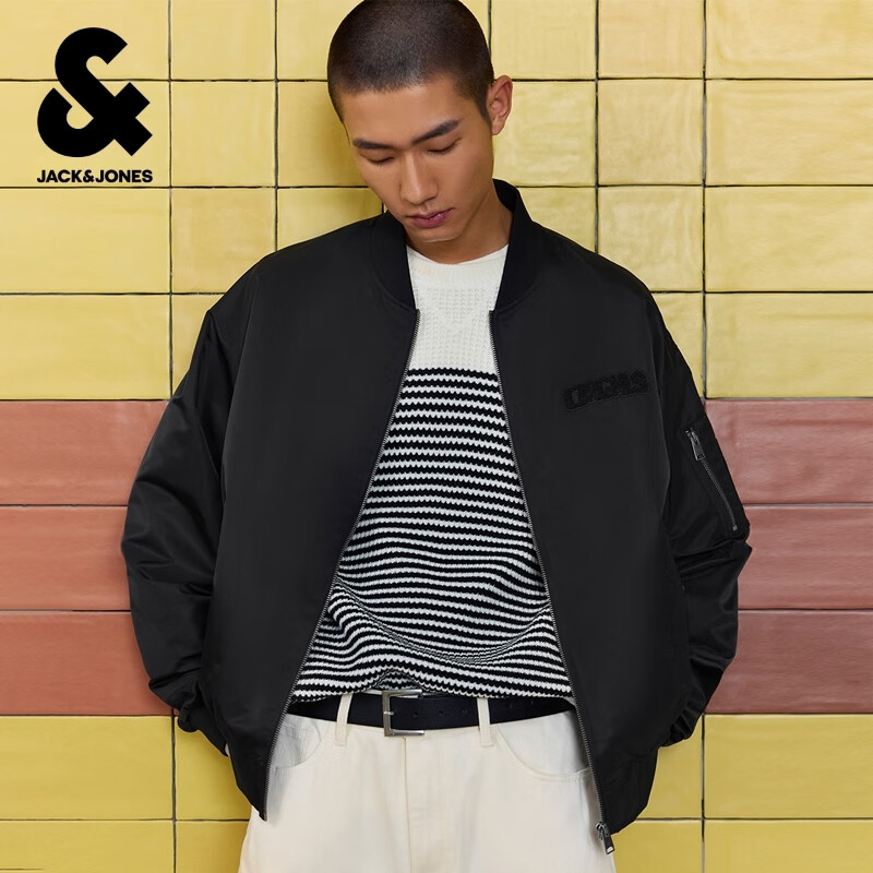杰克·琼斯（JACK&amp;JONES）25年男装秋季外套男棒球服潮酷飞行员夹克休闲宽松长袖黑色上衣 E43纯黑色 M （175）