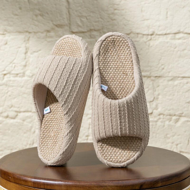 DEATKN德国四季家居亚麻拖鞋男女款春夏季日式室内厚底凉拖鞋棉麻防臭木 卡其(条纹帮面) 40-41 41