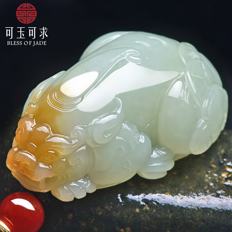 可玉可求 孤品和田玉貔貅手把件 男士青白色帶糖玉石把玩件 可做小擺件 款二 青白帶糖M10276z