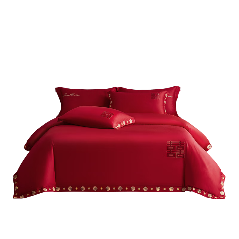 博洋家紡結(jié)婚四件套純棉新婚紅色60支長絨棉刺繡婚慶套件1.8米喜氣