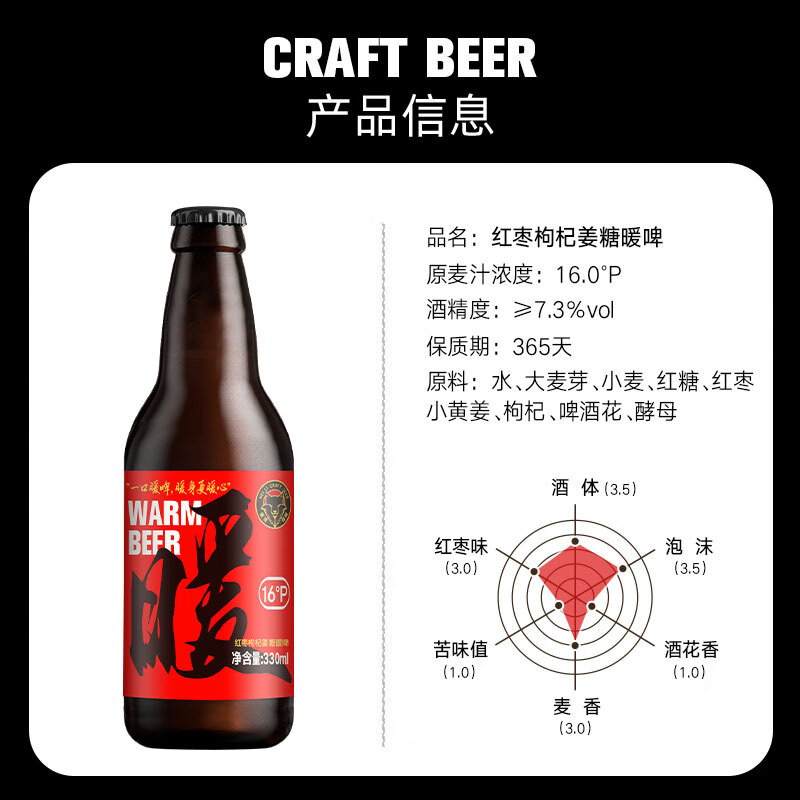 黑狸精酿啤酒整箱16°P红枣枸杞生姜暖啤年货礼盒装高端养生啤酒   【保质期到26年3.28】红枣红糖枸杞小黄姜暖啤 330ml*12