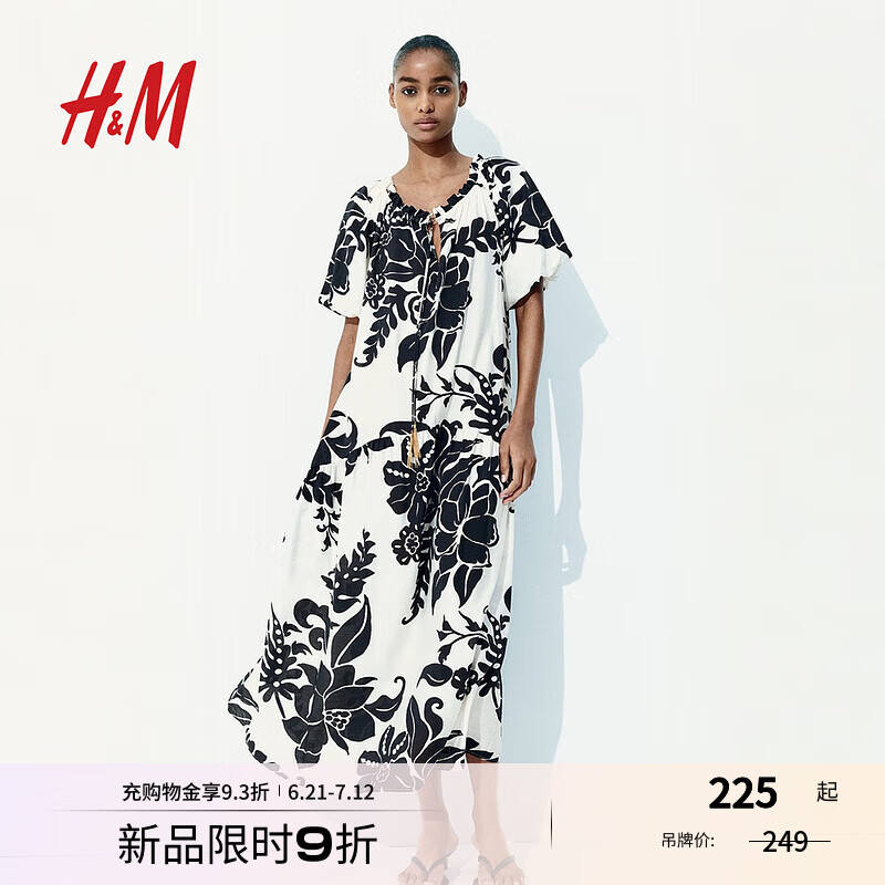 H&MS/S2025女装连衣裙夏季新款抽绳衬衫短袖植物印花长裙1276491 白色/黑色花卉 L 170/104