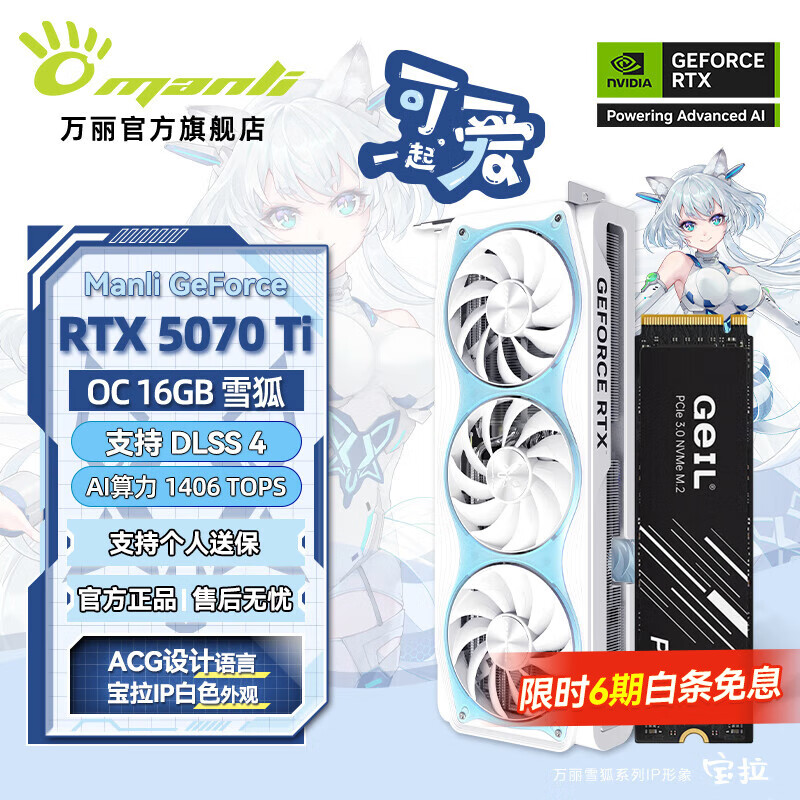 万丽GeForce RTX 5070Ti OC 16GB GDDR7 雪狐 DLSS 4 电竞设计直播AI独立游戏白色显卡套装 万丽RTX5070Ti 16G雪狐+金邦512G