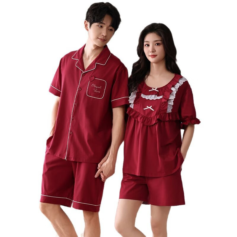 【精选直发】大红色婚庆情侣睡衣夏季红色结婚喜庆男女生短袖短裤 77852女#77870男# (两套装) M 女码