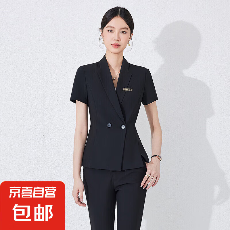 4S教師短袖西裝套裝2025夏季珠寶店美容院酒店經(jīng)理前臺導購工作服 黑色 西裝+褲子（JY6523） S