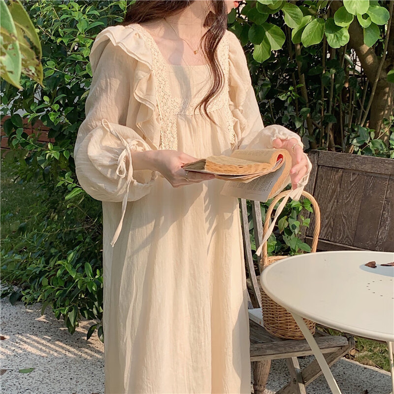 宫廷风长款长袖睡裙网红秋冬睡衣女春秋款新款纯色家居服冬季女款 蕾丝边纯色裙 M