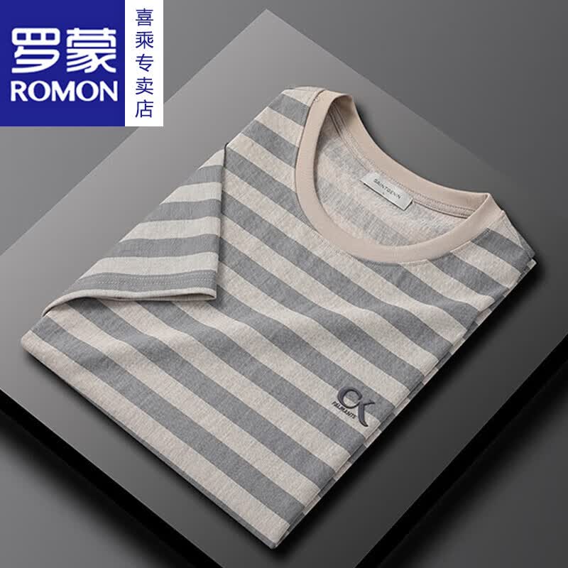罗蒙(ROMON)仿棉麻潮流夏季透气薄款青年短袖T恤男2026条纹刺绣上衣新品 杏色 M
