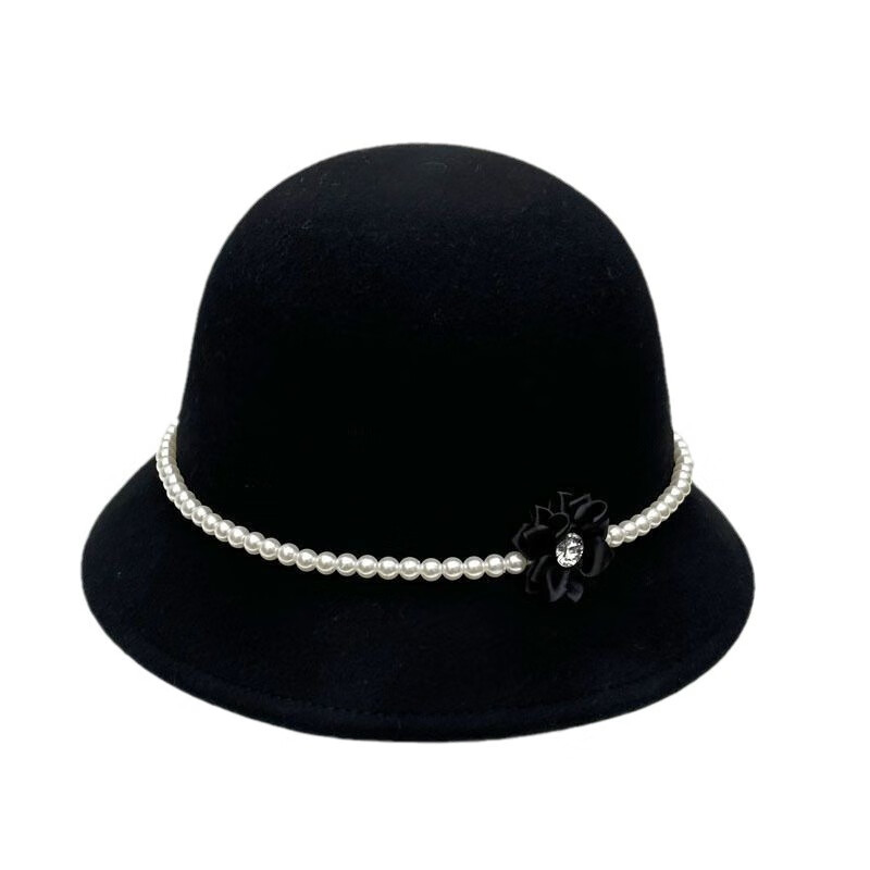 【优选直发】珍珠花朵毛呢渔夫帽子女秋冬法式复古显脸小盆帽优雅 珍珠花朵-黑色 M（56-58cm