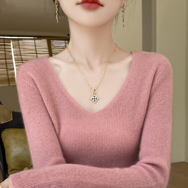 香影芬针织衫女春秋新款v领打底衫修身显瘦毛衣女秋冬时髦时尚洋气内搭 白色 M (建议95-105斤)