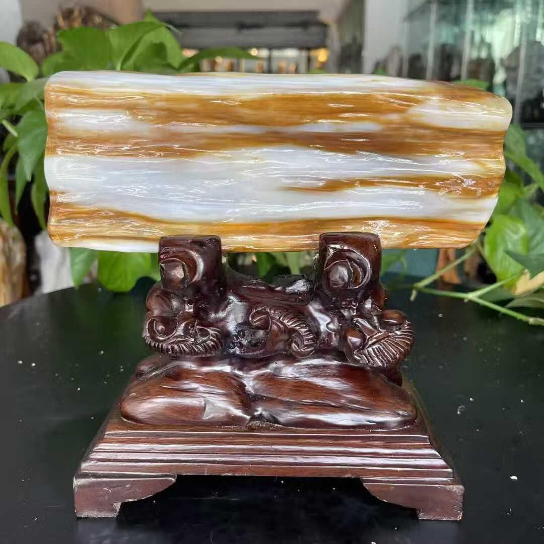 精品缅甸天然树化玉木化石硅化木奇石头摆件工艺底座乔迁新居 连底座