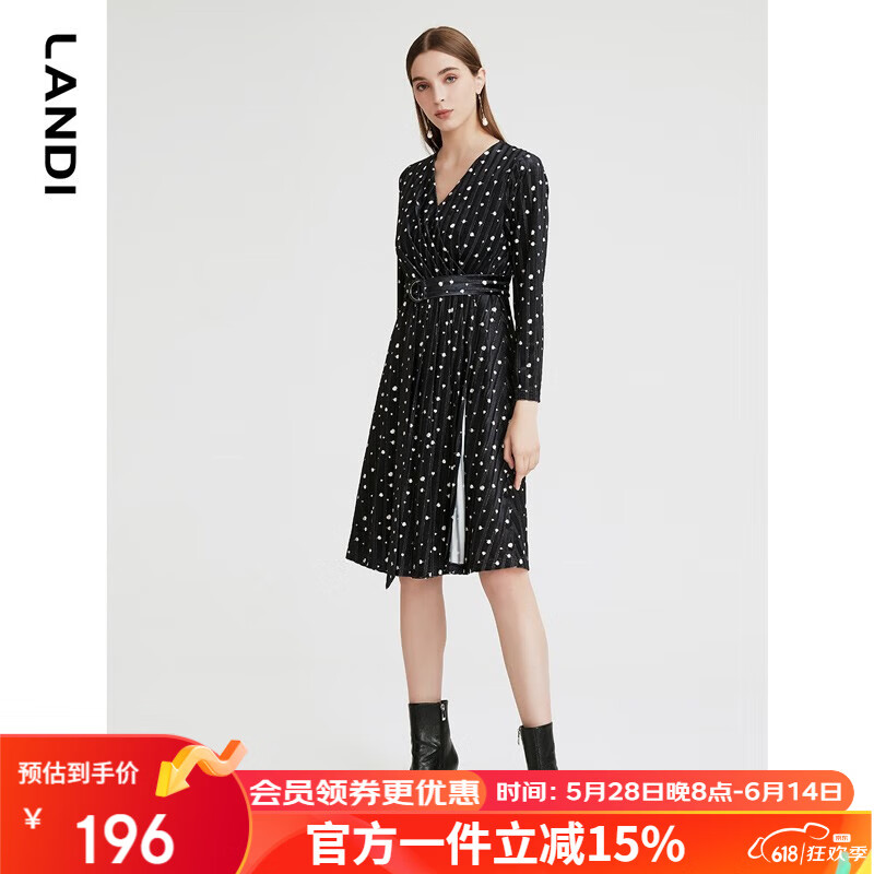 LANDI秋季新款V领丝绒碎花复古长袖连衣裙女早秋气质裙子 藏青色 S
