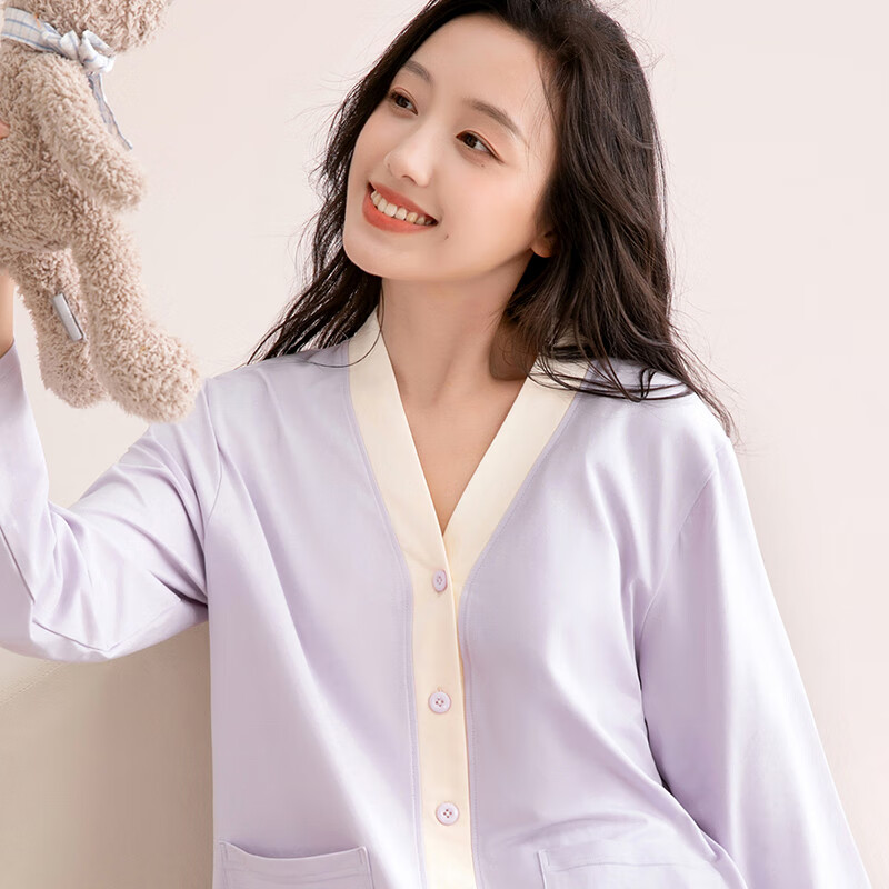 芬腾睡衣女100%纯棉2025秋季新款撞色V领小熊外穿柔软长袖家居服套装 浅紫 L