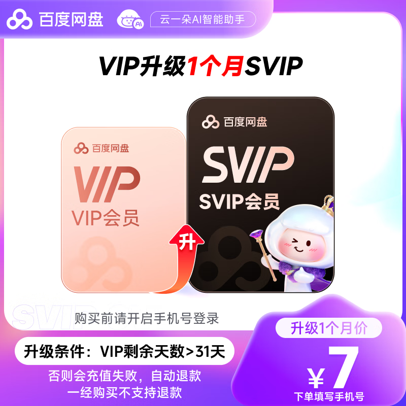 【VIP升级SVIP】1个月百度网盘月卡自动充值官方直充到账 填登录手机号