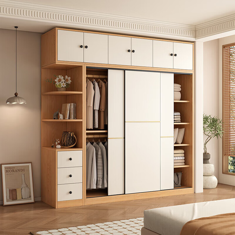 清逸【免费安装】衣柜卧室推拉门实木质多门储物衣橱原木简易大衣柜 【三门】200厘米主柜+顶柜+边柜