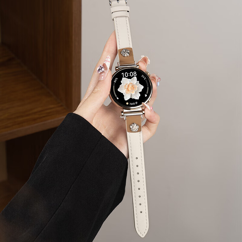 格汇【真皮表带】适用华为手表gt6/gt5/gt4表带watch5/watch4pro小蛮腰腕带gt5pro轻奢高级感女款表带 山茶花皮【米白】 华为GT6/GT5/GT4【41MM表盘】18mm