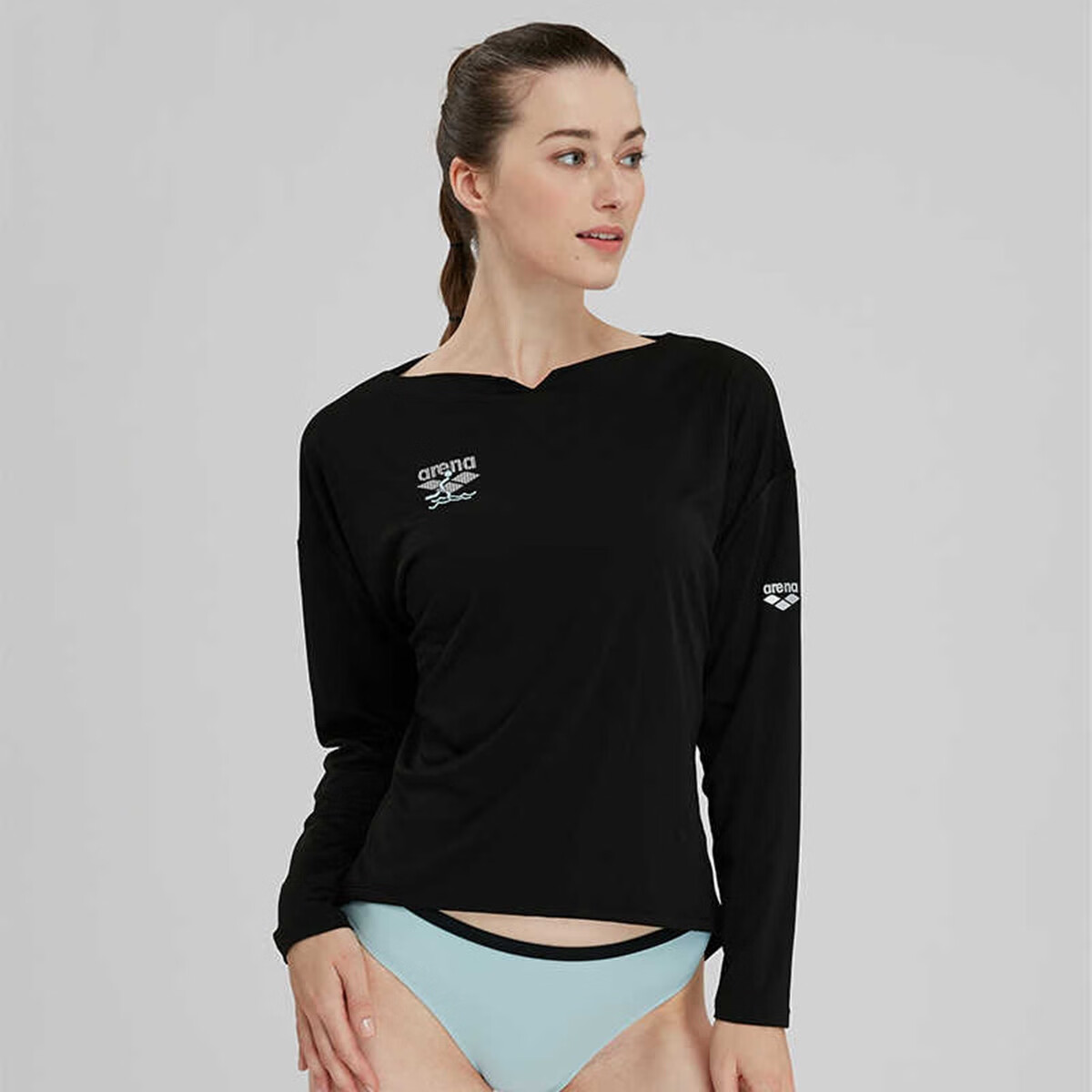 阿瑞娜（arena）女士長袖沖浪服專業(yè)運(yùn)動(dòng)瑜伽游泳高舒適女T恤衫 黑色(BLK)-上衣 S