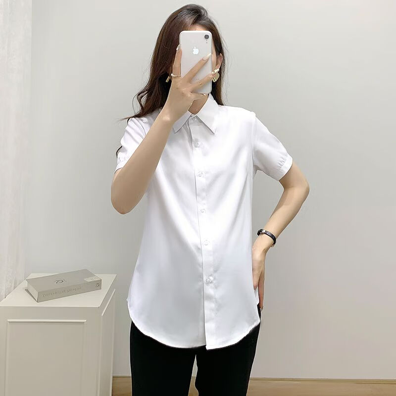 精尼琳孕妇工装衬衫衬衣夏季短袖职业装时尚宽松妈妈上衣翻领工作服 白色-全扣款 M