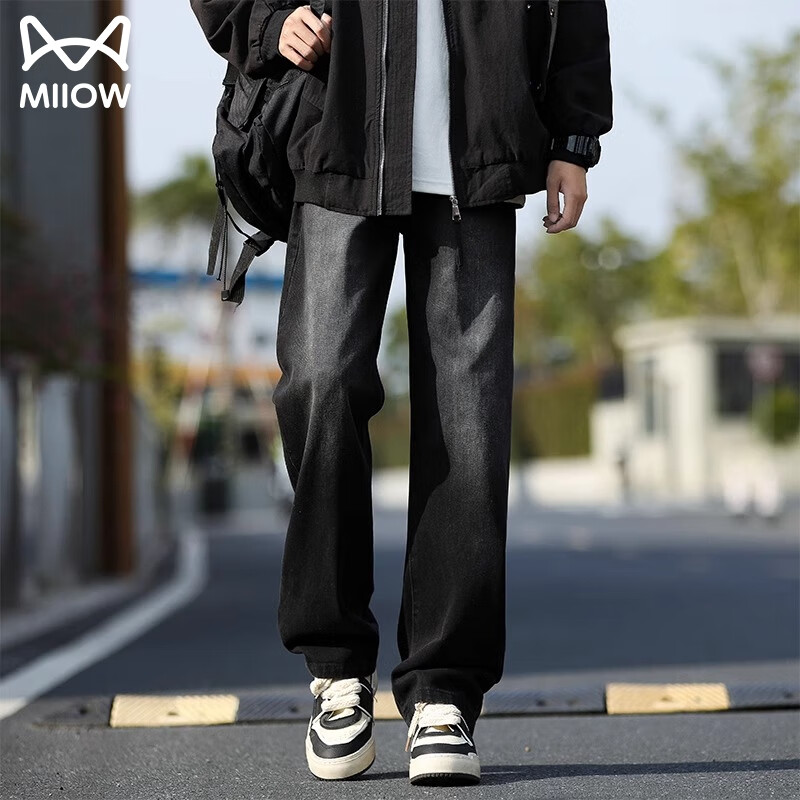 猫人牛仔裤子男春秋季新款美式高街复古做旧直筒宽松阔腿水洗休闲裤  G115磨白黑 XL (推荐130-155斤)