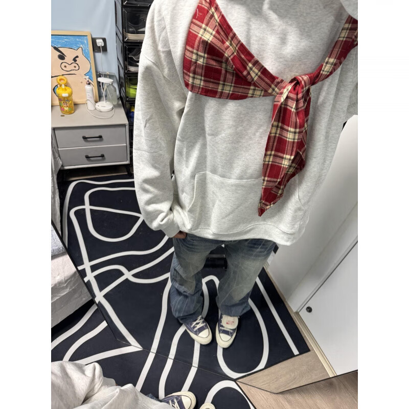 POUM美式休闲蝴蝶结格子披肩连帽卫衣男cleanfit设计感宽松情侣帽衫 XXJR-1049黑色 2XL