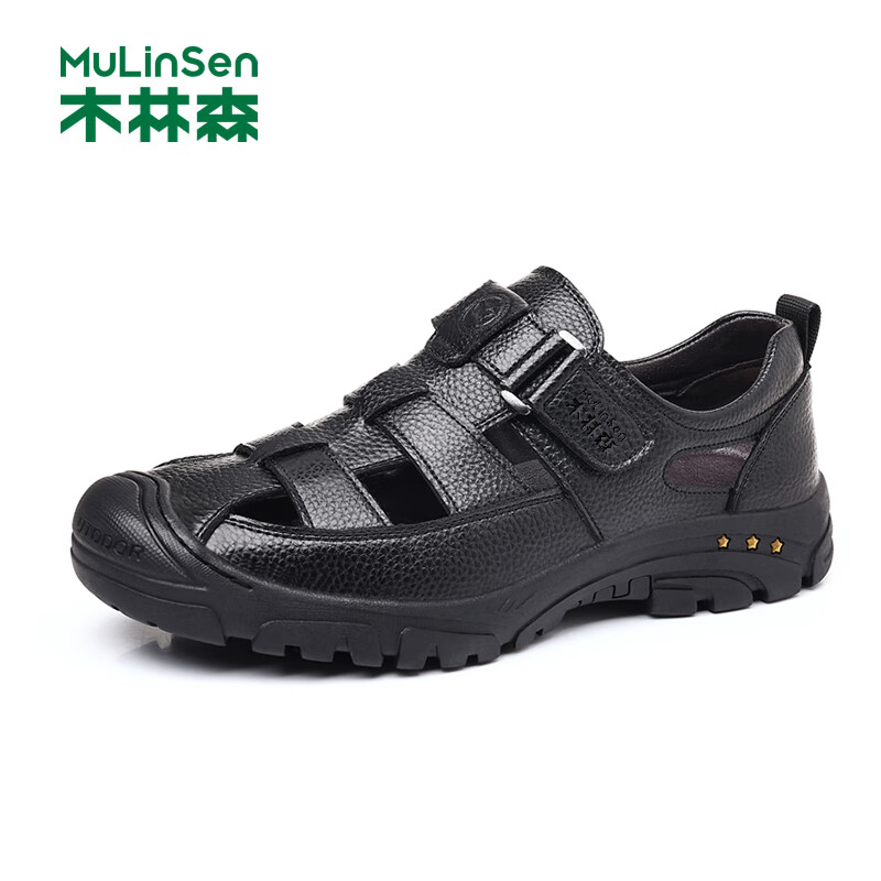木林森(MULINSEN)凉鞋牛皮包头透气凉皮鞋软底休闲男士洞洞鞋 R9016